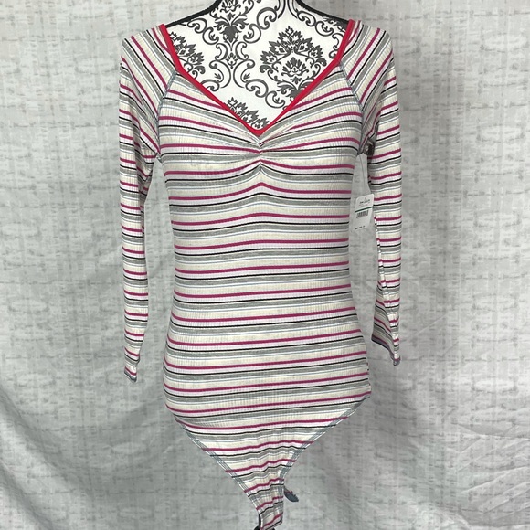 NWT Large Free People Put A Stripe On It Thong Bodysuit Vneck Long Sleeves - Picture 2 of 15
